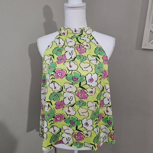 THML Scarf Print Halter Neck Tie Back Sleeveless Chartreuse Floral Y2K Blouse - Picture 2 of 13